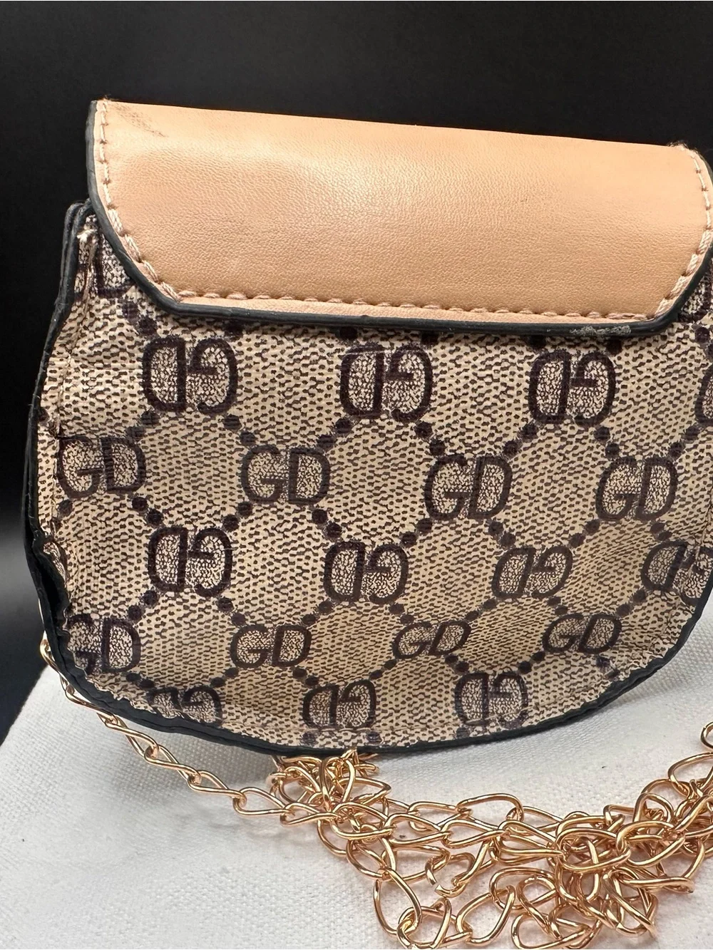 Beige Patterned Crossbody Bag with Gold Accent